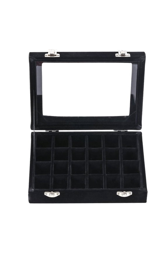 24 Grid Velvet Glass Jewelry Ring Display Organiser Box Tray Holder Earrings Storage Case (Black)