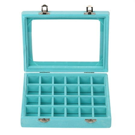 LANTWOO 24 Grid Velvet Glass Jewelry Ring Display Organiser Box Tray Holder Earrings Storage Case (Blue)