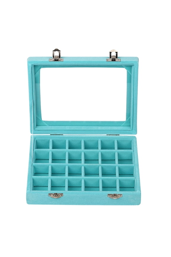 24 Grid Velvet Glass Jewelry Ring Display Organiser Box Tray Holder Earrings Storage Case (Blue)