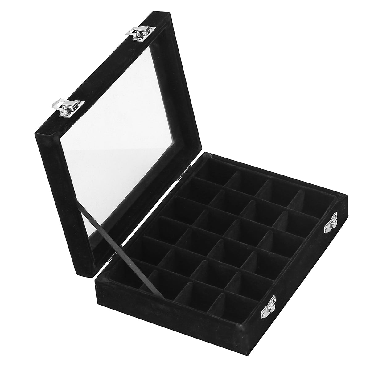 LANTWOO 24 Grids Velvet Glass Ring Earrings Jewelry Box Earrings Organizer Storage Holder Display Case (Black)