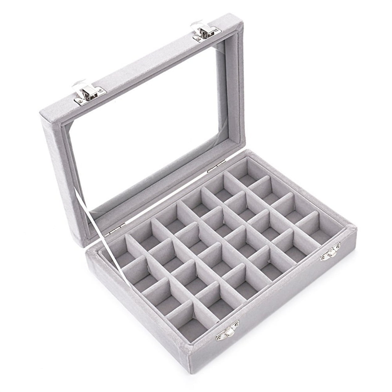 LANTWOO 24 Grids Velvet Glass Ring Earrings Jewelry Box Earrings Organizer Storage Holder Display Case (Grey)