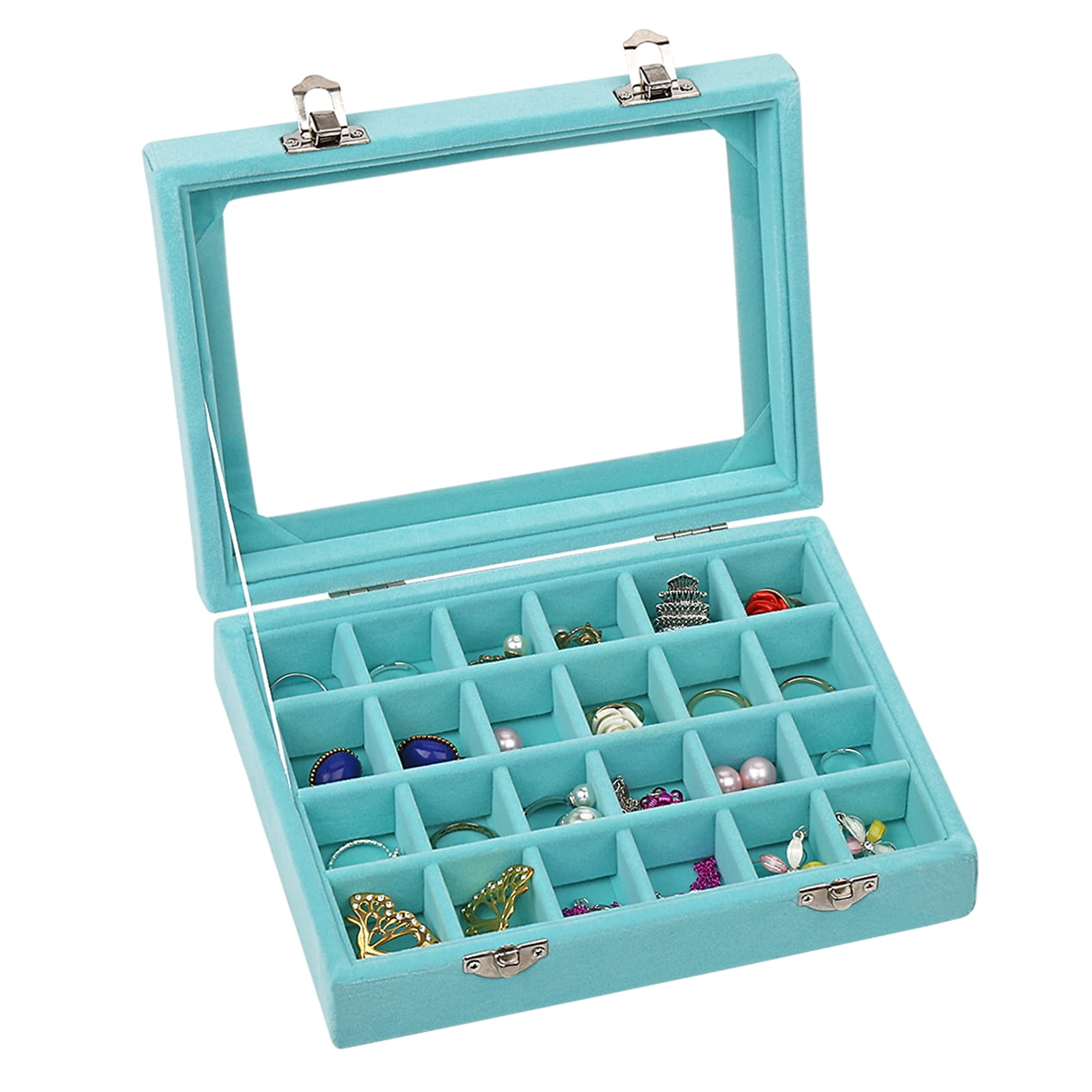 LANTWOO 24 Grids Velvet Glass Ring Earrings Jewelry Box Earrings Organizer Storage Holder Display Case (Light Blue)
