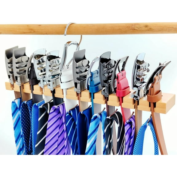 LANTWOO Belt Hanger for Closet Max 60 Belts, 2-in-1 Wall Mount Belt Organizer with 11 Hooks, Wooden Tie and Belt Rack for Closet Accessories Organizers and Storage, 12 Slot + 11 Hooks Storage