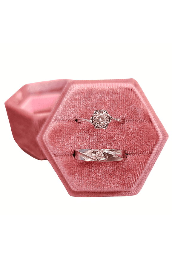 Velvet Ring Box Hexagon, Premium Gorgeous Vintage Double Ring Display Holder with Detachable Lid for Proposal, Engagement, Wedding, Ceremony
