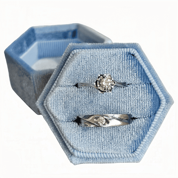 LANTWOO Velvet Ring Box Hexagon, Premium Gorgeous Vintage Double Ring Display Holder with Detachable Lid for Proposal, Engagement, Wedding, Ceremony