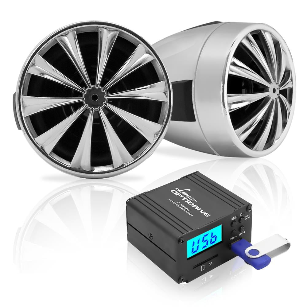 LANZAR OPTIMC80 - Opti-Drive 700 Watt Speaker System with Pair of 3'' Weatherproof Speakers, 2-Channel Amplifier, 3.5mm Input for iPod/MP3 Players, SD Memory Card Reader, USB Charging Port