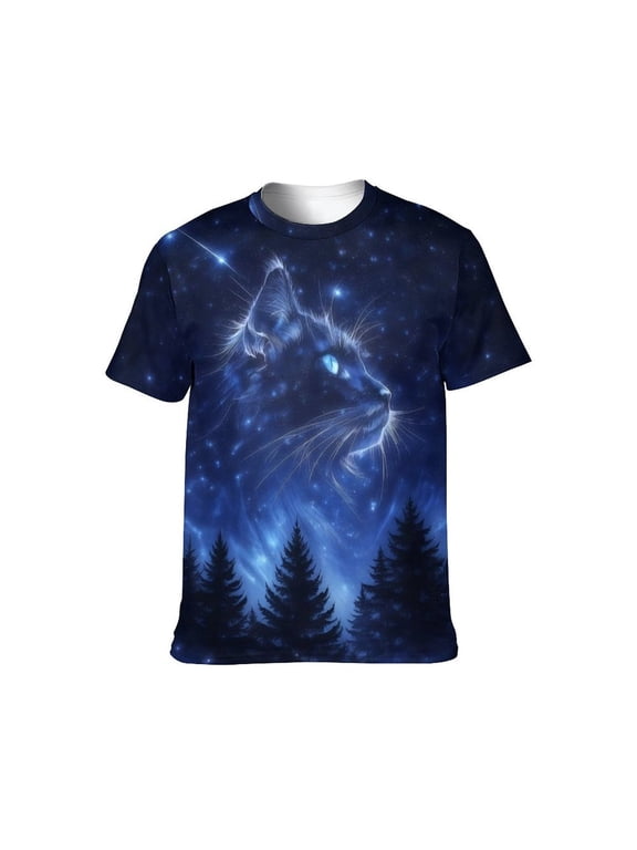 3D All over Print Cat T-Shirt for Men and Women, Galaxy Night Sky Tuxedo Kitty Graphic Tee, Short Sleeve, S-4XL
