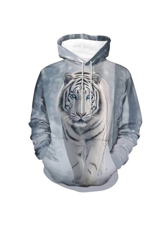 3D Tiger Graphic Hoodie for Men, All-Over Print Pullover Sweatshirt, Big and Tall Plus Size Streetwear Hoodie with Pocket S-4XL