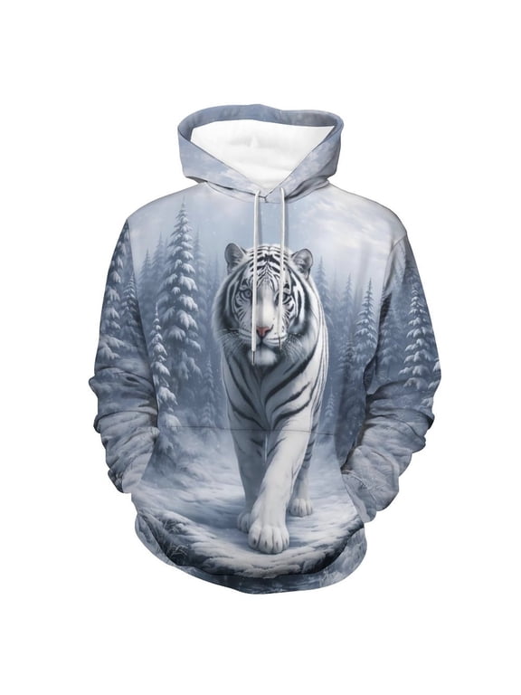 3D Tiger Graphic Hoodie for Men, All-Over Print Pullover Sweatshirt, Big and Tall Plus Size Streetwear Hoodie with Pocket S-4XL