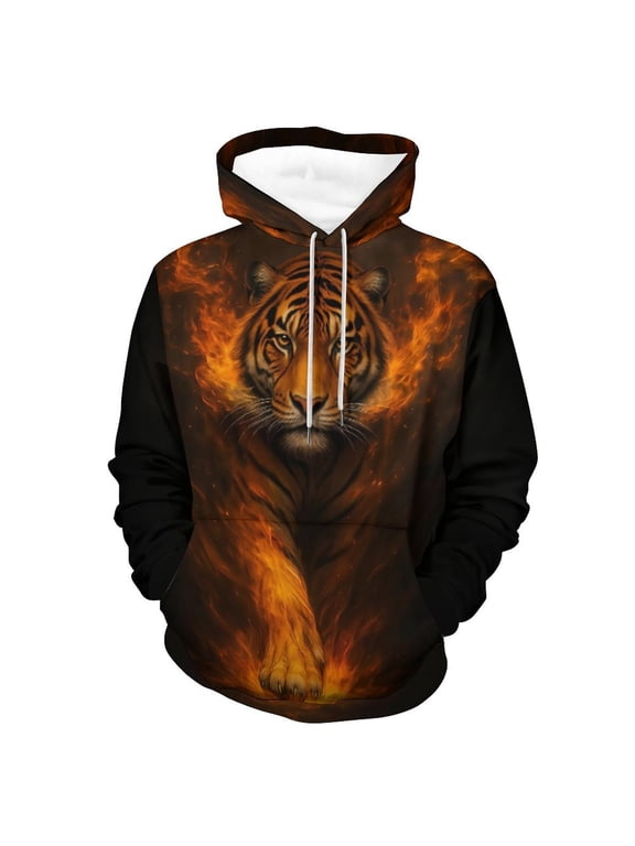 3D Tiger Graphic Hoodie for Men, All-Over Print Pullover Sweatshirt, Big and Tall Plus Size Streetwear Hoodie with Pocket S-4XL