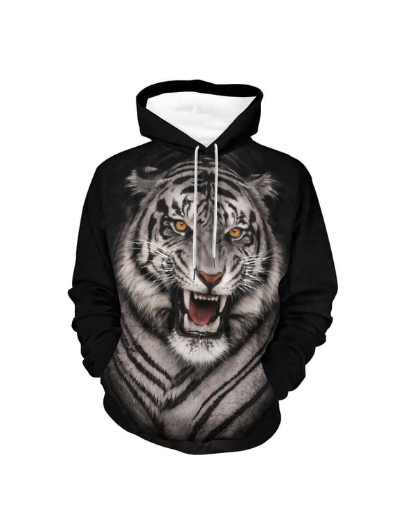 3D Tiger Graphic Hoodie for Men, All-Over Print Pullover Sweatshirt, Big and Tall Plus Size Streetwear Hoodie with Pocket S-4XL