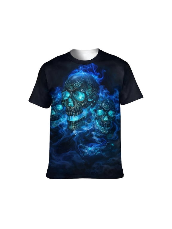 Men’s 3D All-Over Print Skull Graphic T-Shirt, Short Sleeve Crewneck, Stretch Polyester-Spandex Tee, S-4XL
