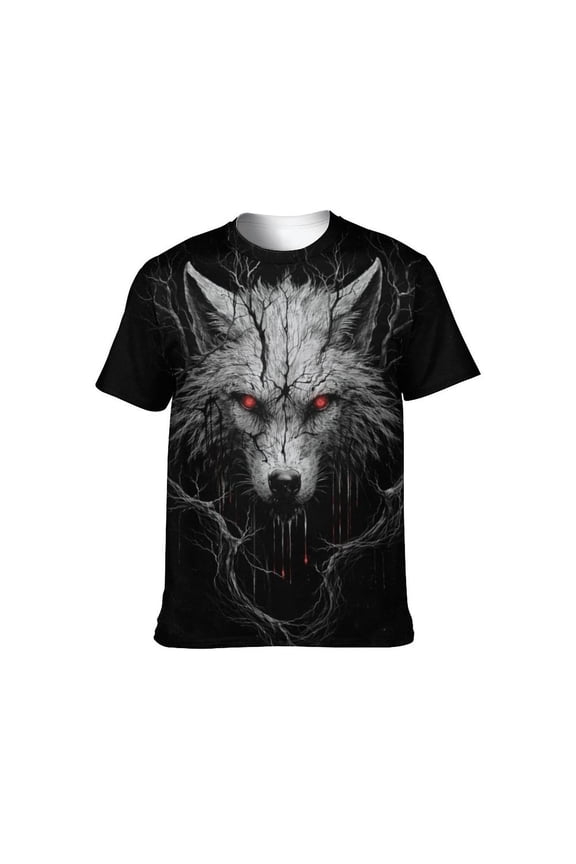 Men's 3D Graphic Tees, Dark Fantasy Wolf Red Eyes T-Shirt, Gothic Streetwear Short Sleeve Animal Print Shirt,,2XL