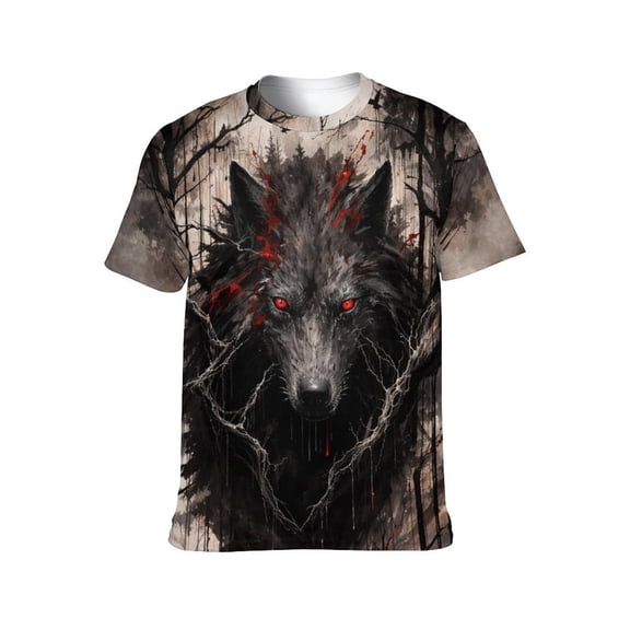 LAOLIUSN Men's 3D Graphic Tees, Dark Fantasy Wolf Red Eyes T-Shirt, Gothic Streetwear Short Sleeve Animal Print Shirt,,4XL