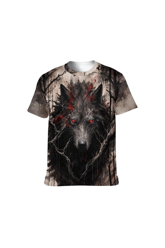 Men's 3D Graphic Tees, Dark Fantasy Wolf Red Eyes T-Shirt, Gothic Streetwear Short Sleeve Animal Print Shirt,,S