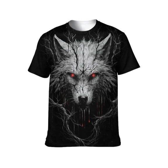 LAOLIUSN Men's 3D Graphic Tees, Dark Fantasy Wolf Red Eyes T-Shirt, Gothic Streetwear Short Sleeve Animal Print Shirt,,XL