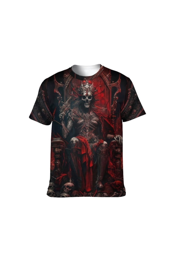 Men's 3D Printed Graphic T-Shirt, Gothic Skeleton King Skull Throne Short Sleeve Tee, Red/Black, 3XL