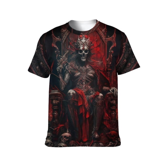 LAOLIUSN Men's 3D Printed Graphic T-Shirt, Gothic Skeleton King Skull Throne Short Sleeve Tee, Red/Black, S