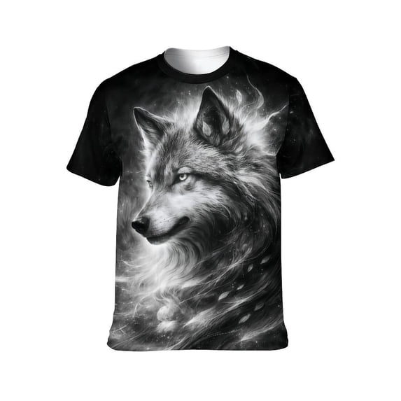 LAOLIUSN Men's 3D Wolf Graphic T-Shirt, All Over Print Animal Tee, Mystical Galaxy Wolf Short Sleeve Crew Neck Shirt, L