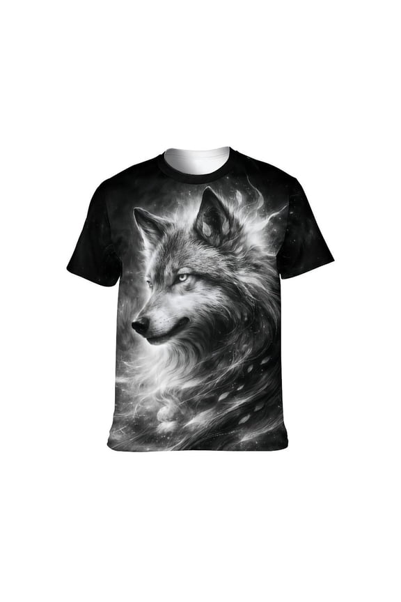Men's 3D Wolf Graphic T-Shirt, All Over Print Animal Tee, Mystical Galaxy Wolf Short Sleeve Crew Neck Shirt, L