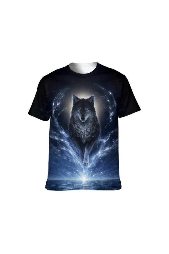 Men's 3D Wolf Graphic T-Shirt, All Over Print Animal Tee, Mystical Galaxy Wolf Short Sleeve Crew Neck Shirt, M