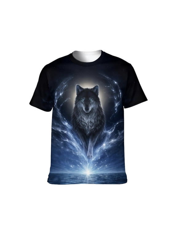 Men's 3D Wolf Graphic T-Shirt, All Over Print Animal Tee, Mystical Galaxy Wolf Short Sleeve Crew Neck Shirt, M
