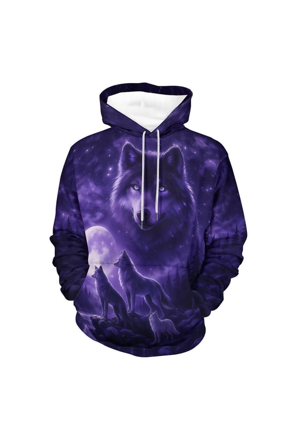 Men’s 3D Wolf Hoodie All Over Print Pullover Hooded Sweatshirt, Galaxy Moon Wolf Pack Graphic, Soft Stretch Polyester Spandex, S-4XL
