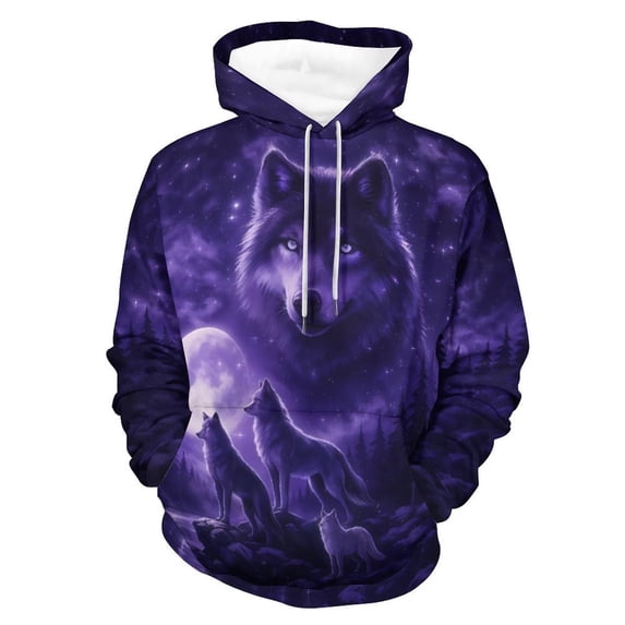 LAOLIUSN Men’s 3D Wolf Hoodie All Over Print Pullover Hooded Sweatshirt, Galaxy Moon Wolf Pack Graphic, Soft Stretch Polyester Spandex, S-4XL