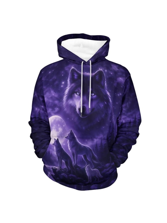 Men’s 3D Wolf Hoodie All Over Print Pullover Hooded Sweatshirt, Galaxy Moon Wolf Pack Graphic, Soft Stretch Polyester Spandex, S-4XL