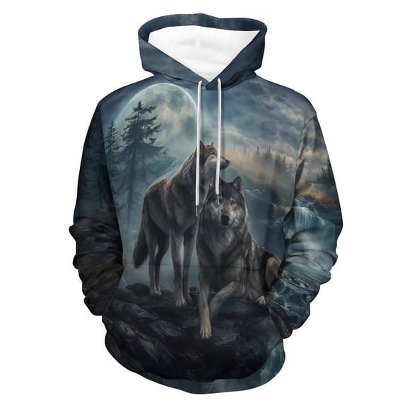 LAOLIUSN Men’s 3D Wolf Hoodie All Over Print Pullover Hooded Sweatshirt, Galaxy Moon Wolf Pack Graphic, Soft Stretch Polyester Spandex, S-4XL
