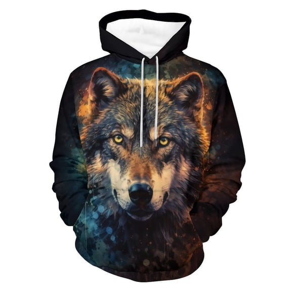 LAOLIUSN Men’s 3D Wolf Hoodie All Over Print Pullover Hooded Sweatshirt, Galaxy Moon Wolf Pack Graphic, Soft Stretch Polyester Spandex, S-4XL