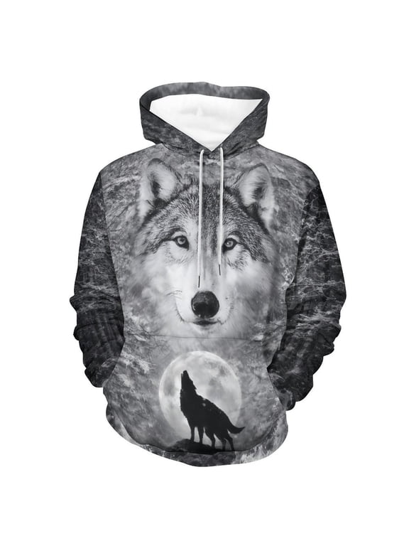 Men’s 3D Wolf Hoodie All Over Print Pullover Hooded Sweatshirt, Galaxy Moon Wolf Pack Graphic, Soft Stretch Polyester Spandex, S-4XL