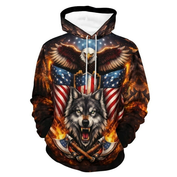 LAOLIUSN Men's 3d Print Wolf And Bald Eagle Graphic Hoodie Animal Themed Sweatshirt, S-4XL
