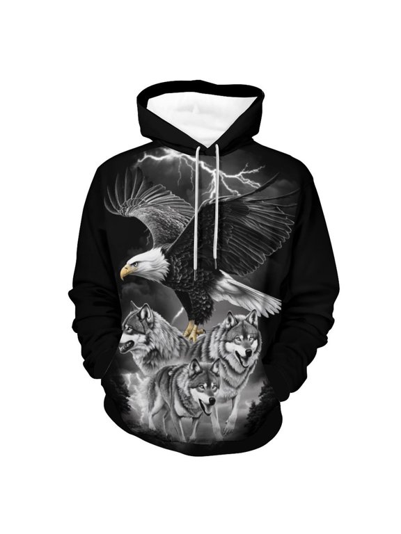 Men's 3d Print Wolf And Bald Eagle Graphic Hoodie Animal Themed Sweatshirt, S-4XL