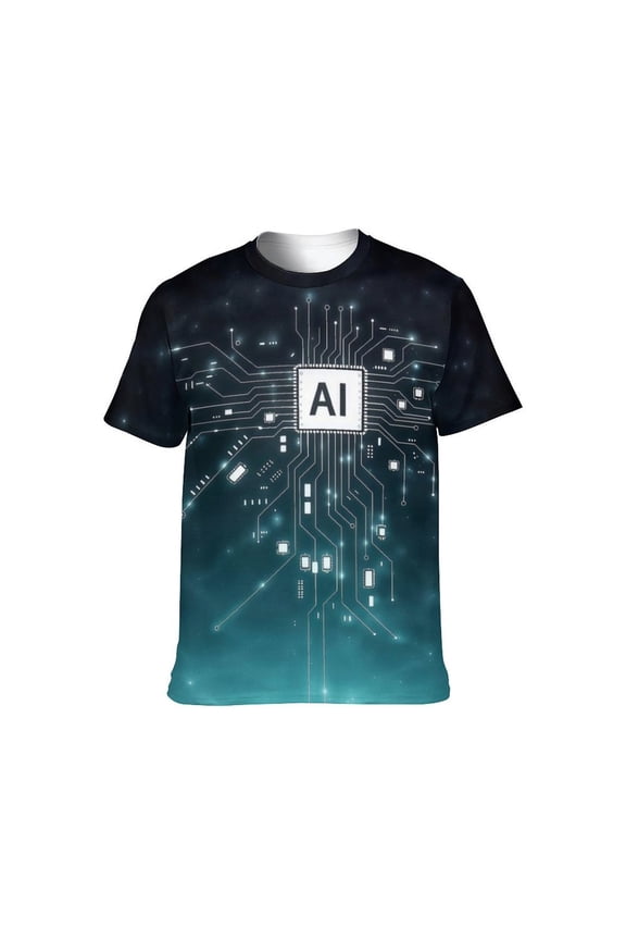 Men's AI Artificial Intelligence Graphic T-Shirt, Futuristic Techwear All Over Print Tee,3XL
