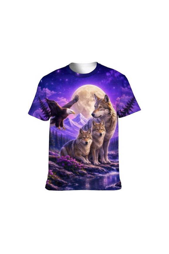 Men's Wolf Eagle Graphic T Shirt, 3D All Over Print Animal Tee, Moon Forest Fantasy Short Sleeve Crewneck Shirt,4XL