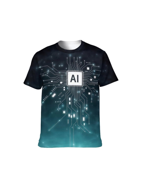 Men's AI Artificial Intelligence Graphic T-Shirt, Futuristic Techwear All Over Print Tee, L
