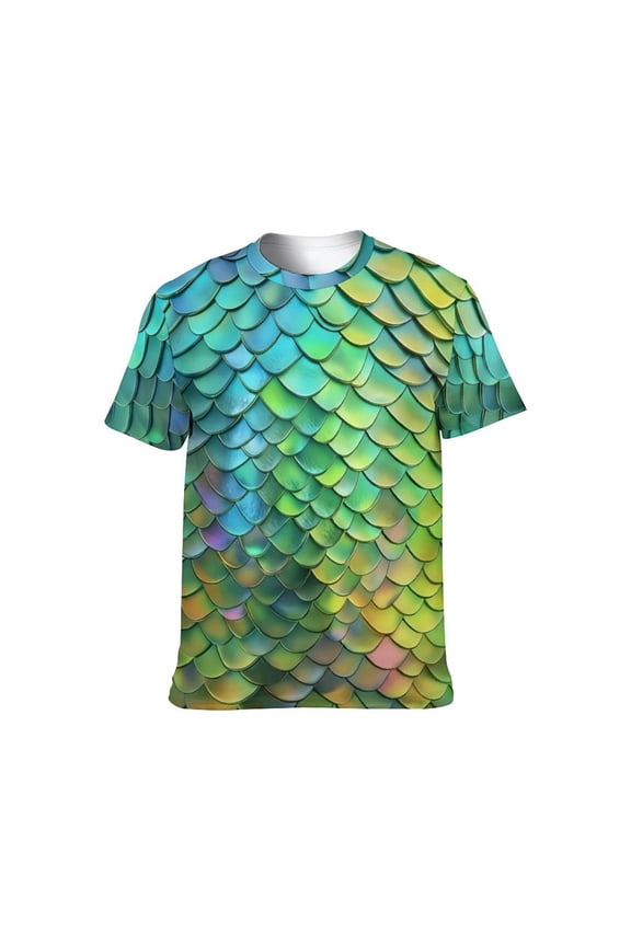 Men’s All Over Print Scale Pattern T-Shirt, Mermaid Dragon Scales Graphic Tee, Short Sleeve Crewneck,Sizes S-4XL