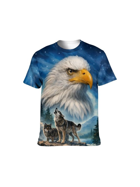 Men's Bald Eagle Wolf Graphic T-Shirt, 3D All-Over Print Short Sleeve Crew Neck Casual Tee