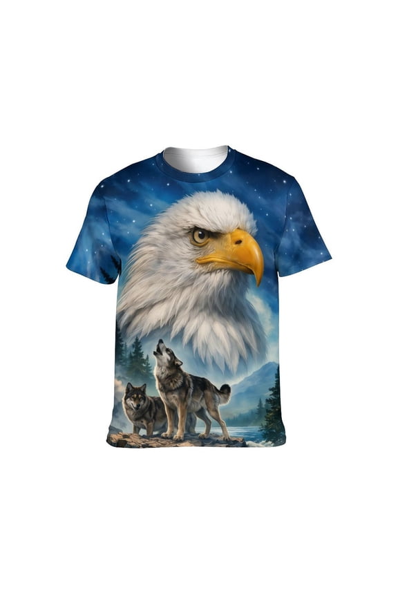 Men's Bald Eagle Wolf Graphic T-Shirt, 3D All-Over Print Short Sleeve Crew Neck Casual TeeS-4XL