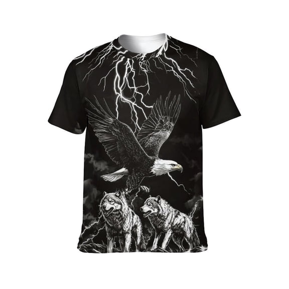 LAOLIUSN Men's Bald Eagle Wolf Graphic T-Shirt, Lightning 3D Print Short Sleeve Crewneck Tees