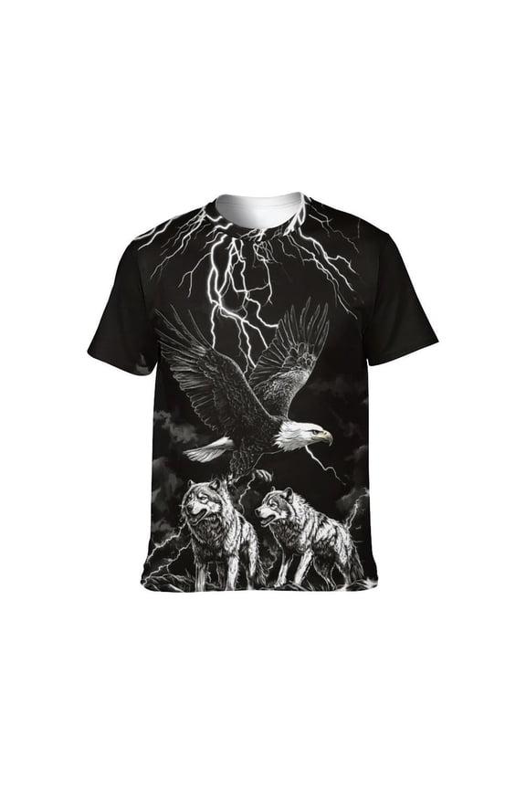Men's Bald Eagle Wolf Graphic T-Shirt, Lightning 3D Print Short Sleeve Crewneck Tees