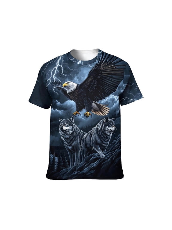 Men's Bald Eagle Wolf Graphic T-Shirt, Lightning 3D Print Short Sleeve Crewneck Tees