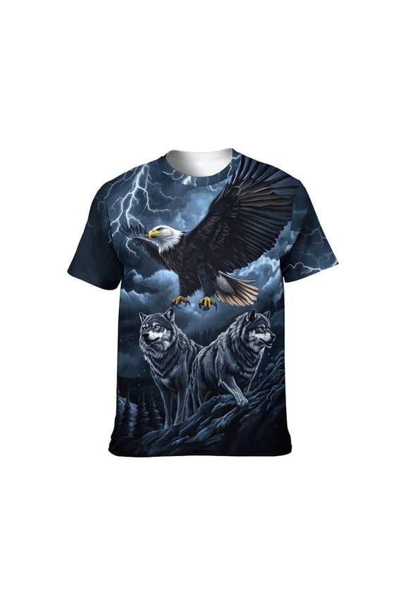 Men's Bald Eagle Wolf Graphic T-Shirt, Lightning 3D Print Short Sleeve Crewneck Tees
