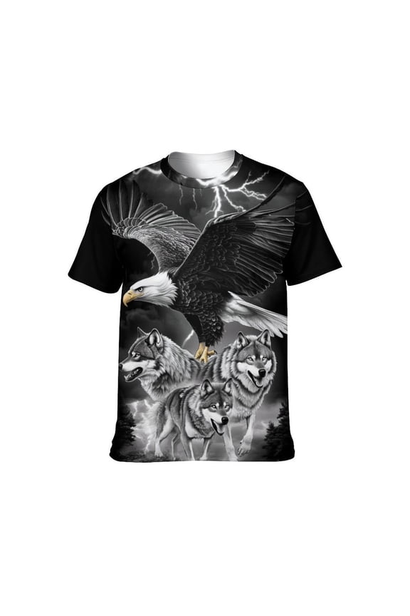 Men's Bald Eagle Wolf Graphic T-Shirt, Lightning 3D Print Short Sleeve Crewneck Tees