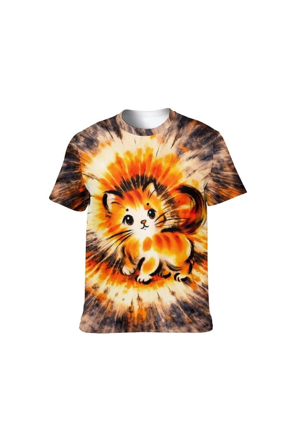 Men's Cute Cat 3D Graphic T-Shirt, Cool Kitten Orange Sunburst Print, Stretch Performance Tee, 3XL