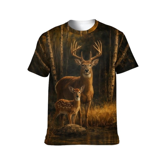 LAOLIUSN Men's Deer Graphic T Shirt, Wildlife Forest Buck Print Tee, Outdoor Hunting Nature Short Sleeve Shirt,XL