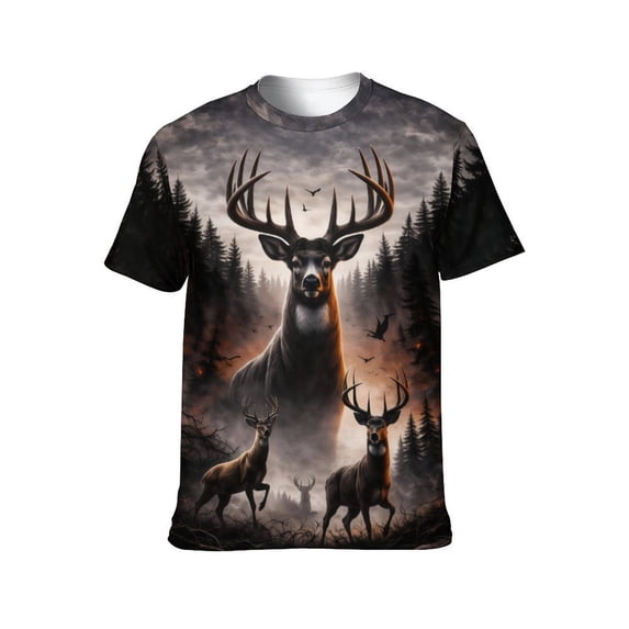 LAOLIUSN Men’s Deer Hunting T-Shirt, Big Buck Forest Wildlife Graphic Tee, 3D All Over Print Short Sleeve Crewneck,XL