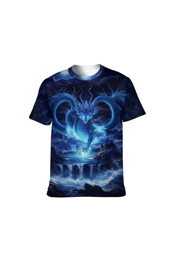 Men's Dragon Graphic T-Shirt, Fantasy Allover Print Tee, 88% Polyester 12% Spandex, Short Sleeve Casual Shirt, Sizes S-4XL