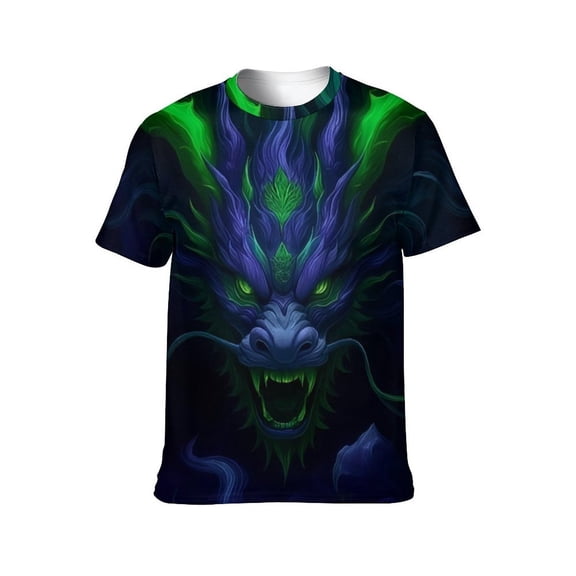LAOLIUSN Men’s Dragon T Shirt 3D All Over Print Graphic Tee, Dark Fantasy Fire Dragon Face with Glowing Eyes, Short Sleeve Crewneck Streetwear Shirt S-4XL